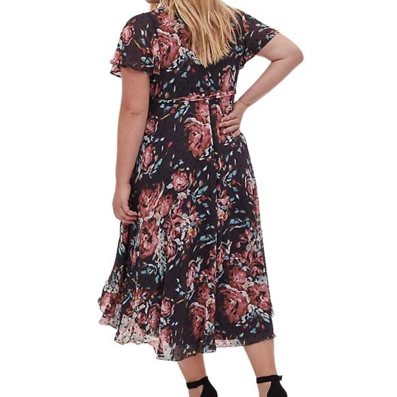 Torrid Faux Wrap High Low Midi Dress Size 2X Swiss Dot Floral Flutter Sleeves - Picture 2 of 16